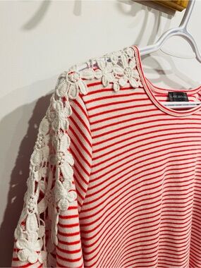 Classic Editions Pink Stripe Tee with Crochet-Shoulder Detail